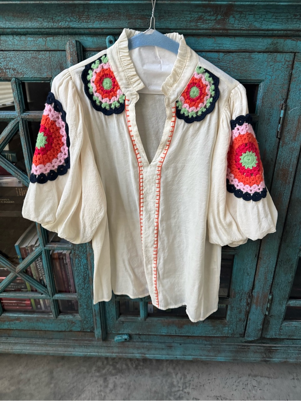 THML Cream Blouse with Multicolor Crochet Medallions